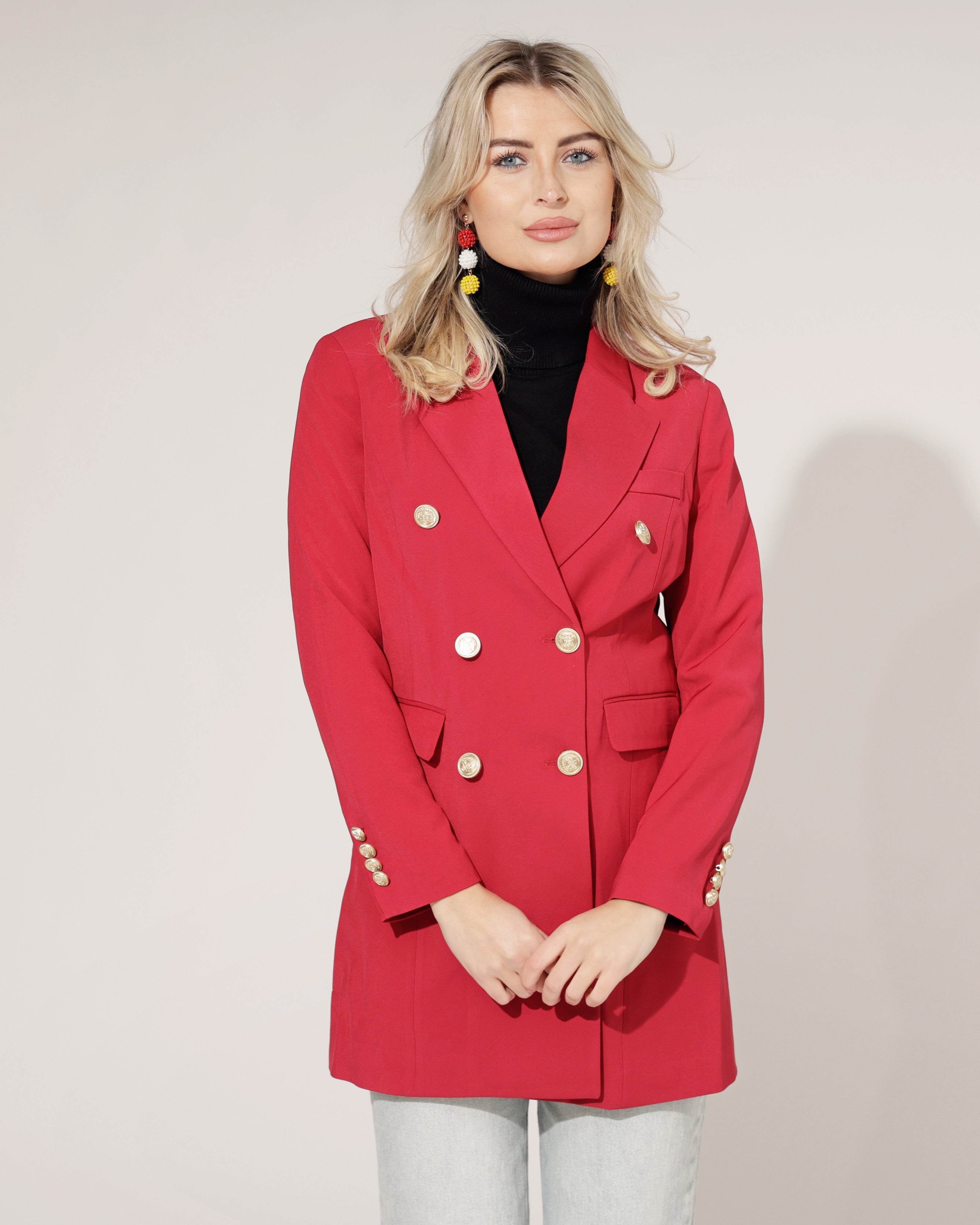 Rode langere Damesjas met Gouden Knopen - Hoogwaardige kwaliteit