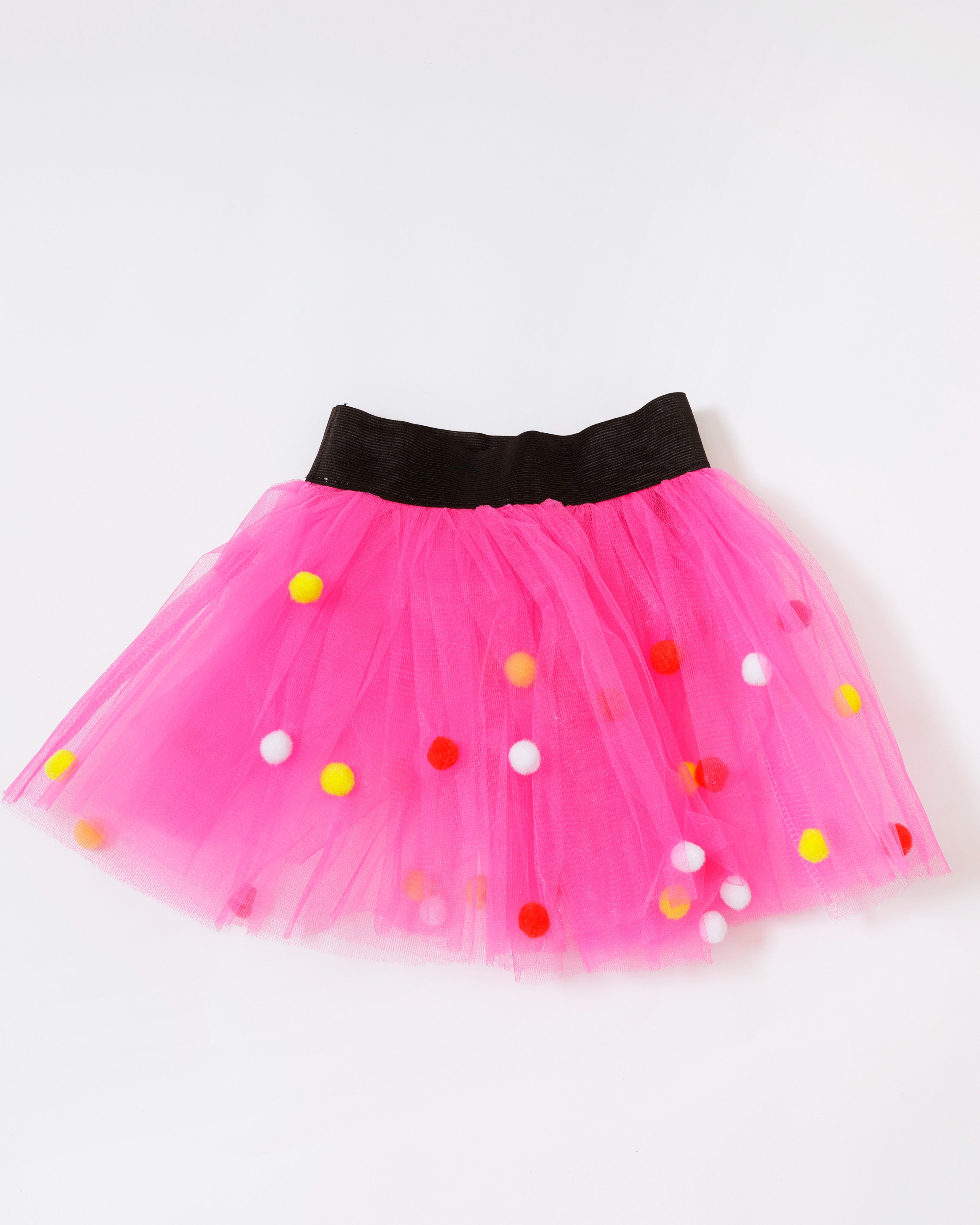 Kinder tule rokje roze met rood-wit-gele pompoms
